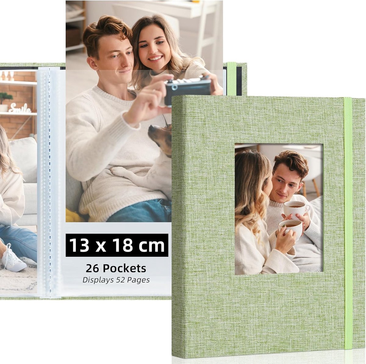 SnelShoppen - Photo Album 13x18 cm - 26 Compartiments - Groen - Insertion Album met Transparante Pockets voor Foto's - Ideaal voor Feesten, Vakanties