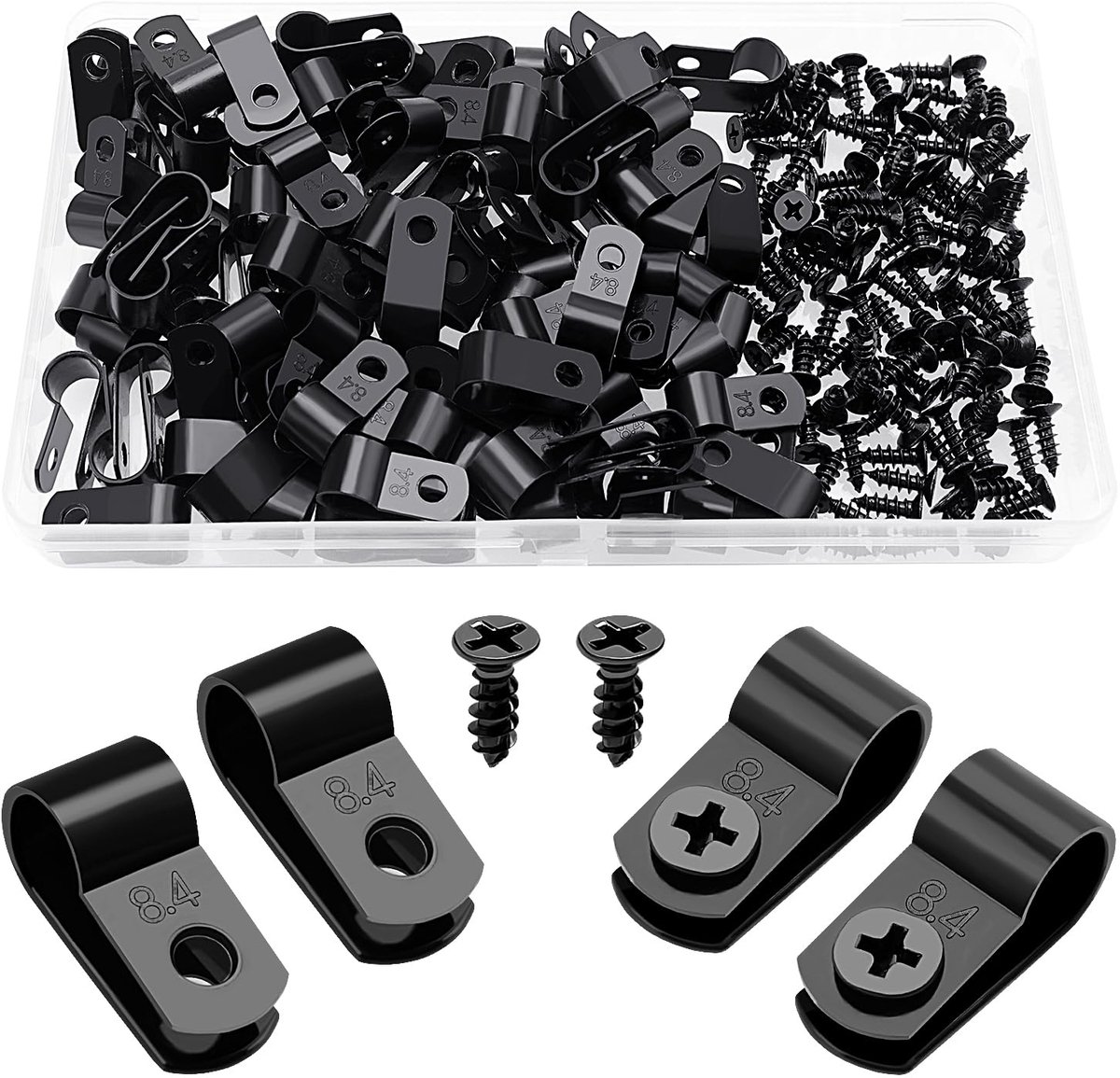 SnelShoppen - 100Pcs 8.4mm R-Type Nylon Kabelklemmen met Schroeven - Kabelmanagement Klemmen voor Thuis, Tuin, Klussen - Zwart