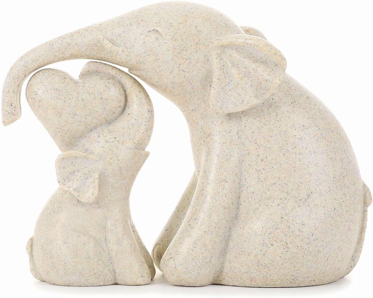 SnelShoppen - Set van 2 Ceramische Olifanten Beelden - Beige Decoratie voor Woonkamer & Kantoor, Cadeau voor Vrouwen & Moeders, Dierfiguren voor Plank