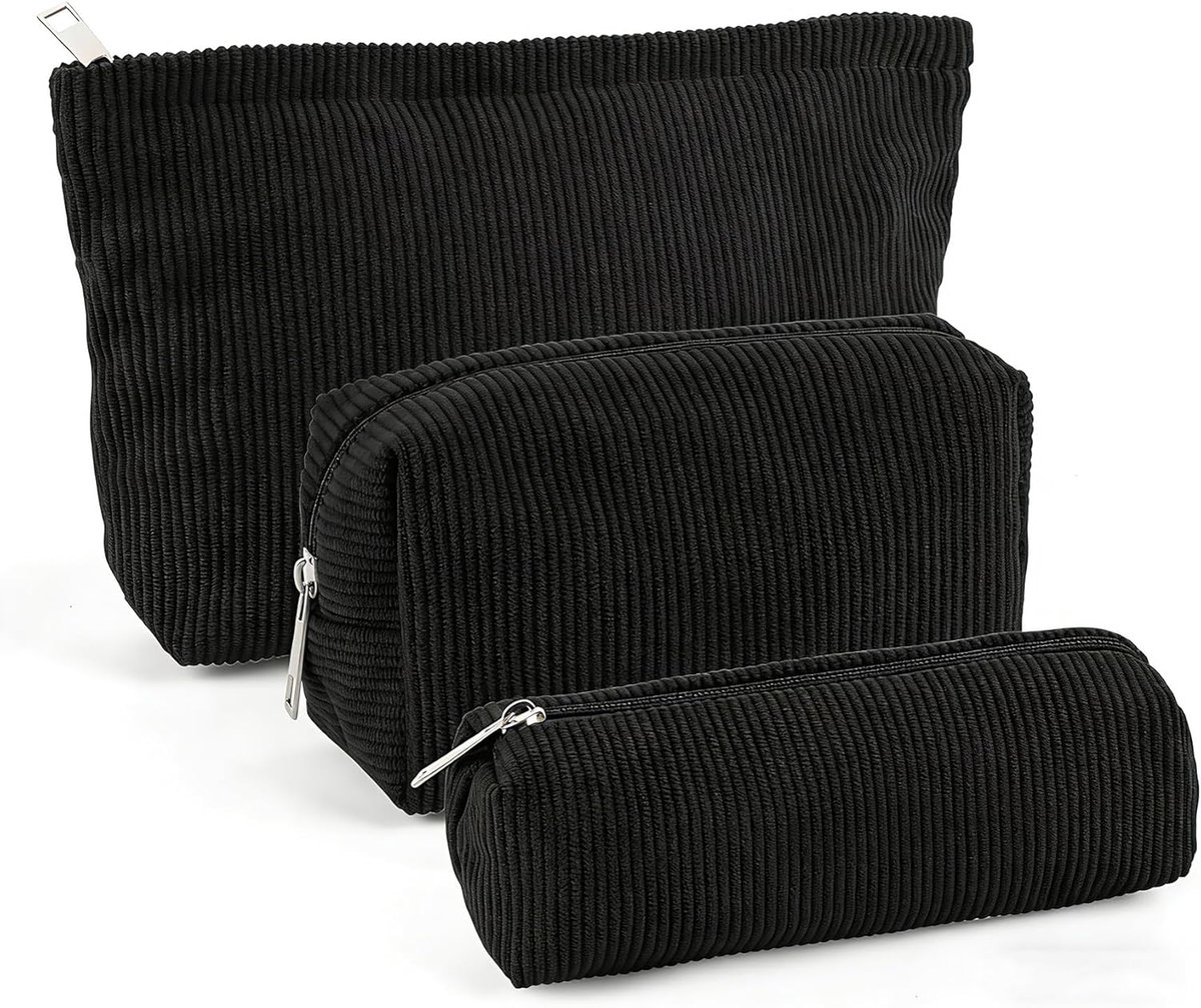 SnelShoppen - Cosmetic Bag met Rits 3 Delen - Draagbare Toilettas Makeup Tas - 3 Maten - Multifunctionele Cosmetica Tas voor Vrouwen - Zwart - Antraci