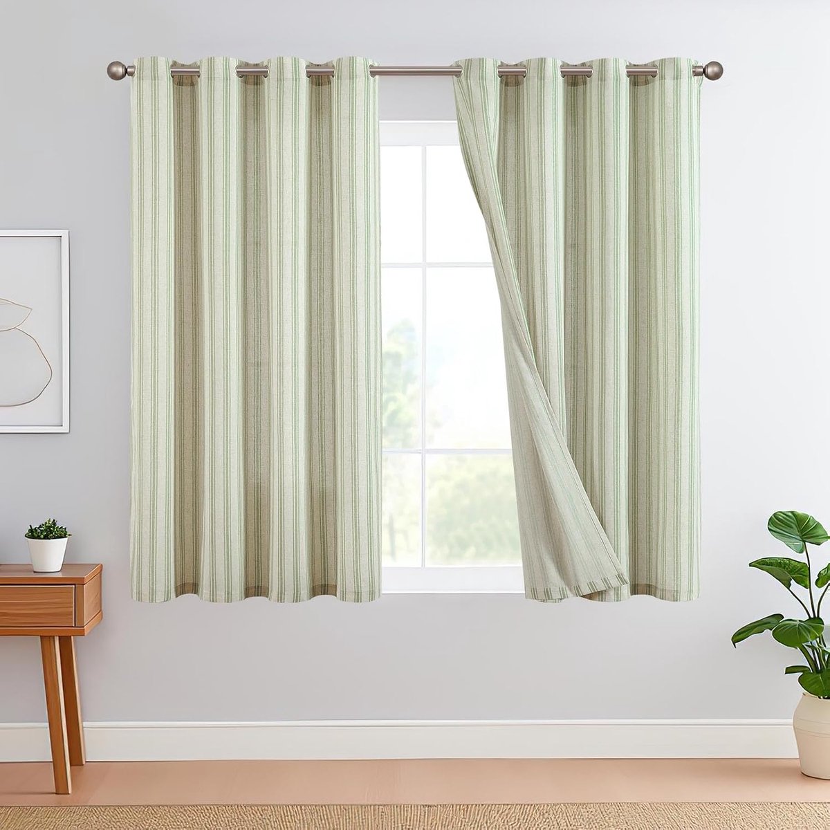 SnelShoppen - Linnen Gestreepte Gordijnen Groene Strepen met Oogjes - Ticking Stripes Patroon - Lichtdoorlatende Gordijnen voor Woonkamer - Opaque 2 S