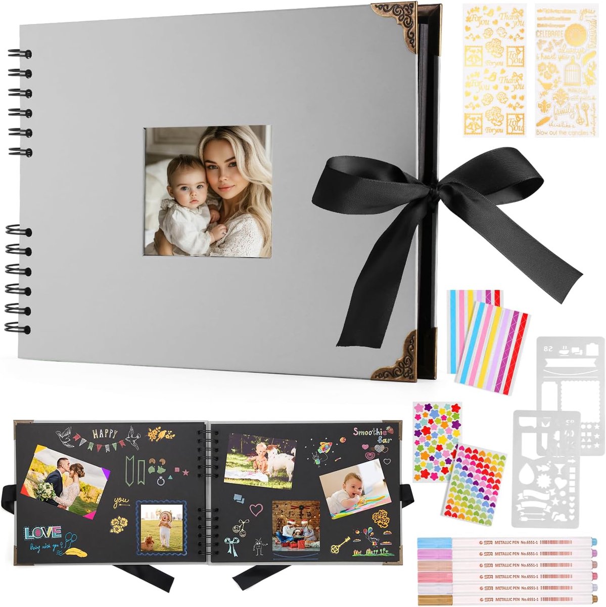SnelShoppen - DazSpirit Foto Album - 80 Pagina's - Zwart Scrapbooking Album 29.5x21 cm - Inclusief 6 Metaal Pennen - Voor 160 Foto's - Gastenboek voor