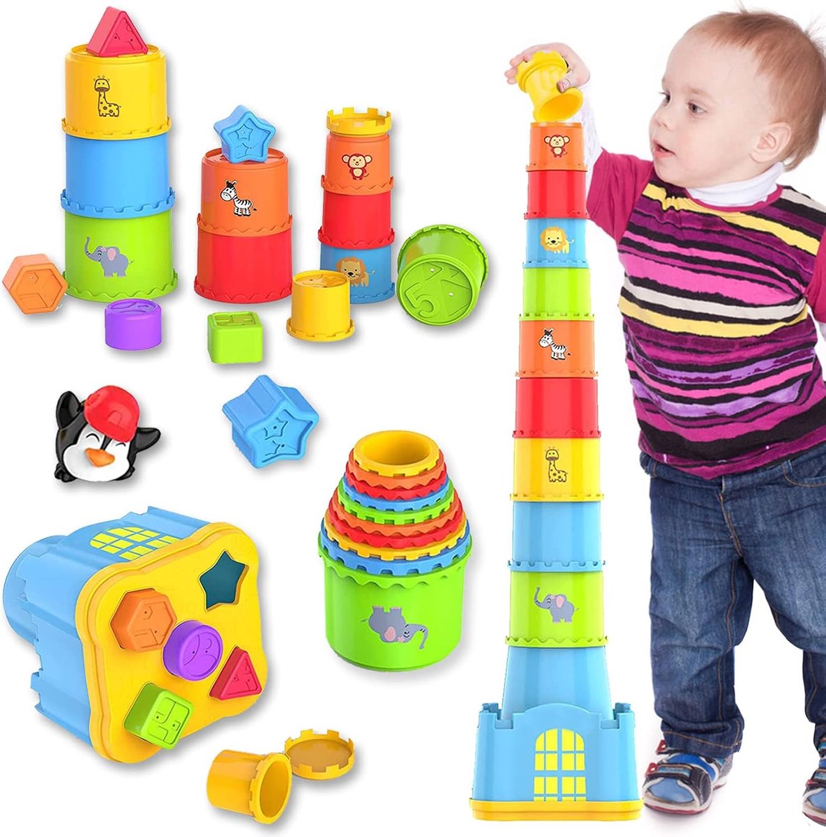 SnelShoppen - Stacking Tower Baby Stapelbekers 19-delig met Vormblokken, Pinguïn en Sorteerkubus voor Kinderen vanaf 1 Jaar - Educatief Speelgoed in K