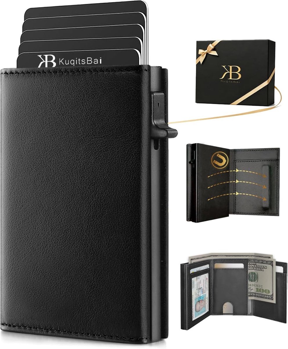 SnelShoppen - Portemonnee Heren Leer RFID-Bescherming, Slim Wallet Kaartenetui Klein, Zwart, 10 Vakken voor Creditcards en Bankbiljetten, Compact en T