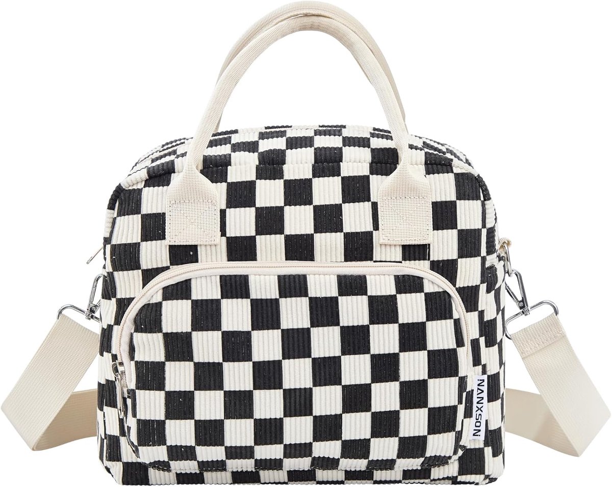 SnelShoppen - Cool Bag voor Mannen en Vrouwen, 12L Grote Capaciteit Lunchbox, Geïsoleerde Corduroy Cooler Bag voor Werk, School, Picknick - Zwart/Beig