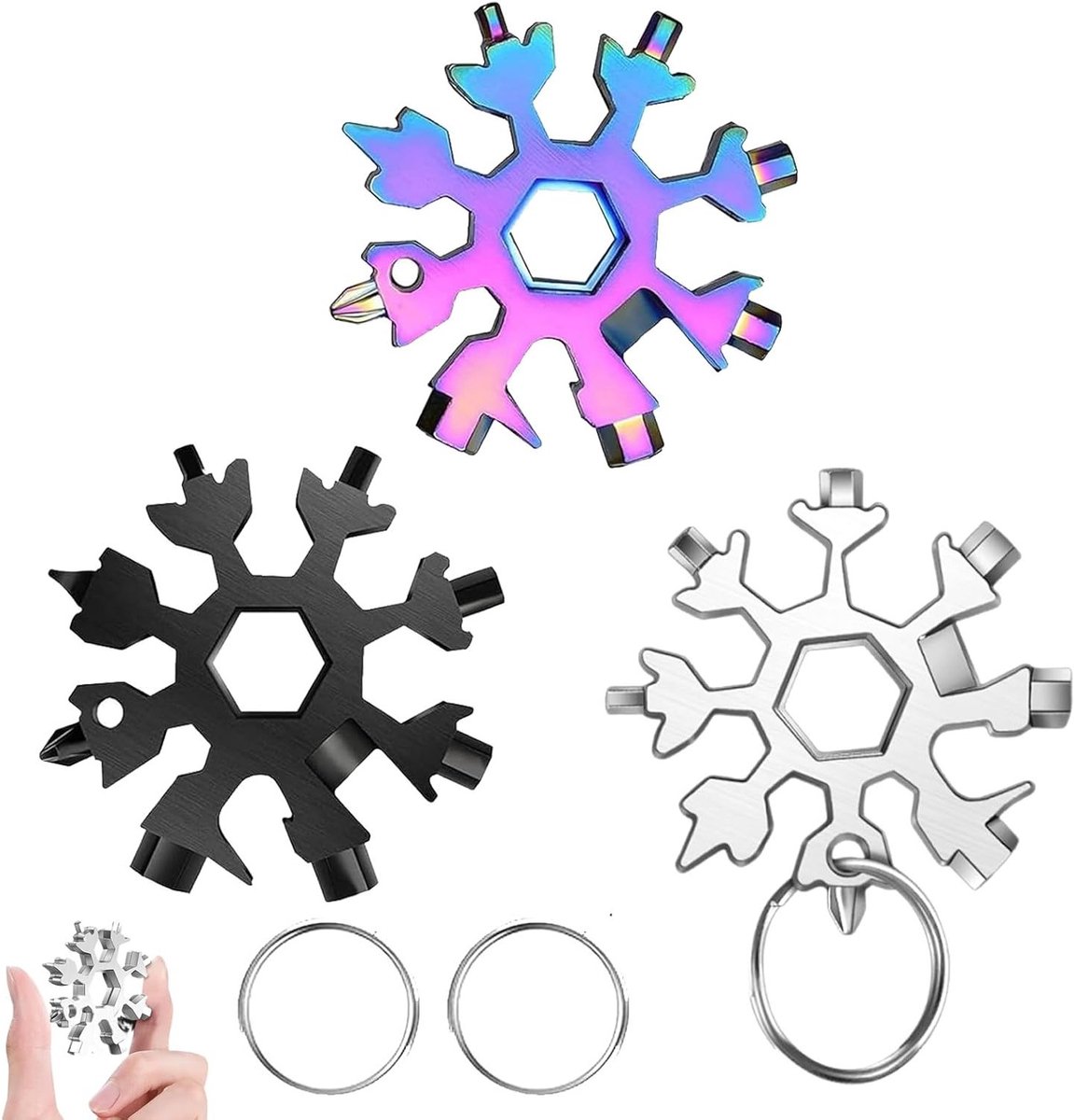 Multitool Sneeuwvlok - Draagbaar Gereedschap - Outdoor Reizen - 18-in-1 Functies - 5 cm Diameter - Zwart