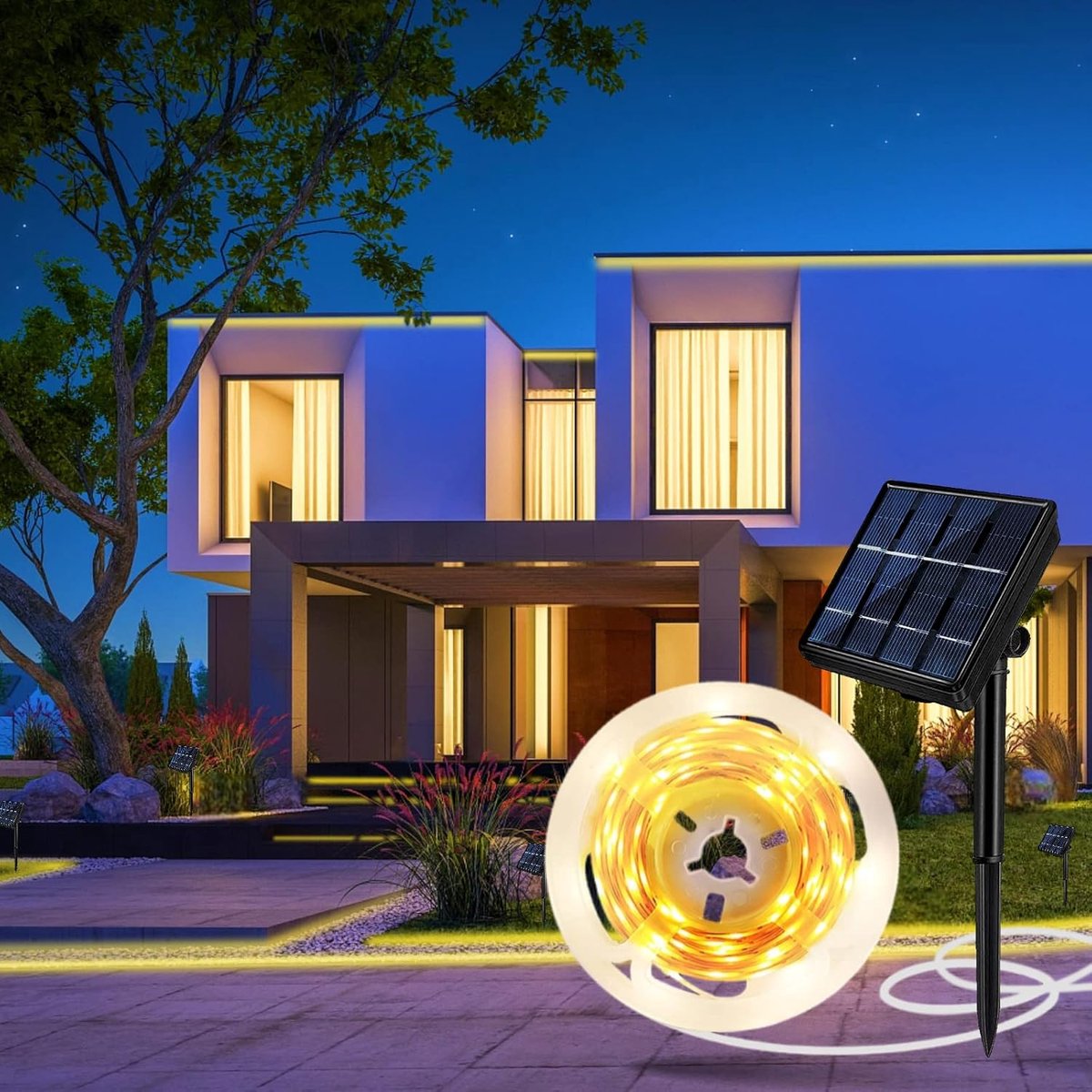 SnelShoppen - Ledstrip op zonne-energie 5 m warmwit 2700 K met afstandsbediening 320 LEDs dimbaar 8 modi IP65 waterdicht zelfklevend voor tuin en buit