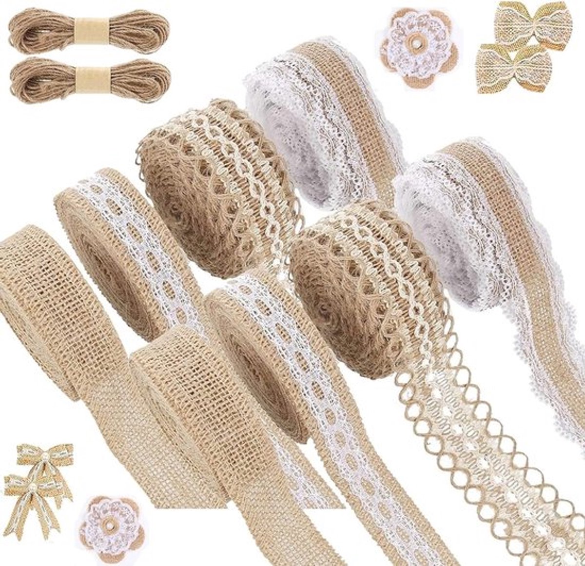 Natuurlijke Jute Lint met Kant: 8 Rollen Jute Lint, Cadeaulint, Jute Touw en Canvas Kant voor Kerst, Bruiloft, Feest en Thuisdecoratie