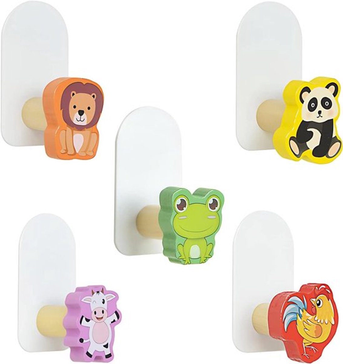 Zelfklevende haken voor kinderen - Set van 5 dierenkleefhaken - Kinderkledinghaken - Kindergarderobehaken - Zelfklevend en handig - Garderobehaken kinderen - Houten wandhaken - Geen boren nodig