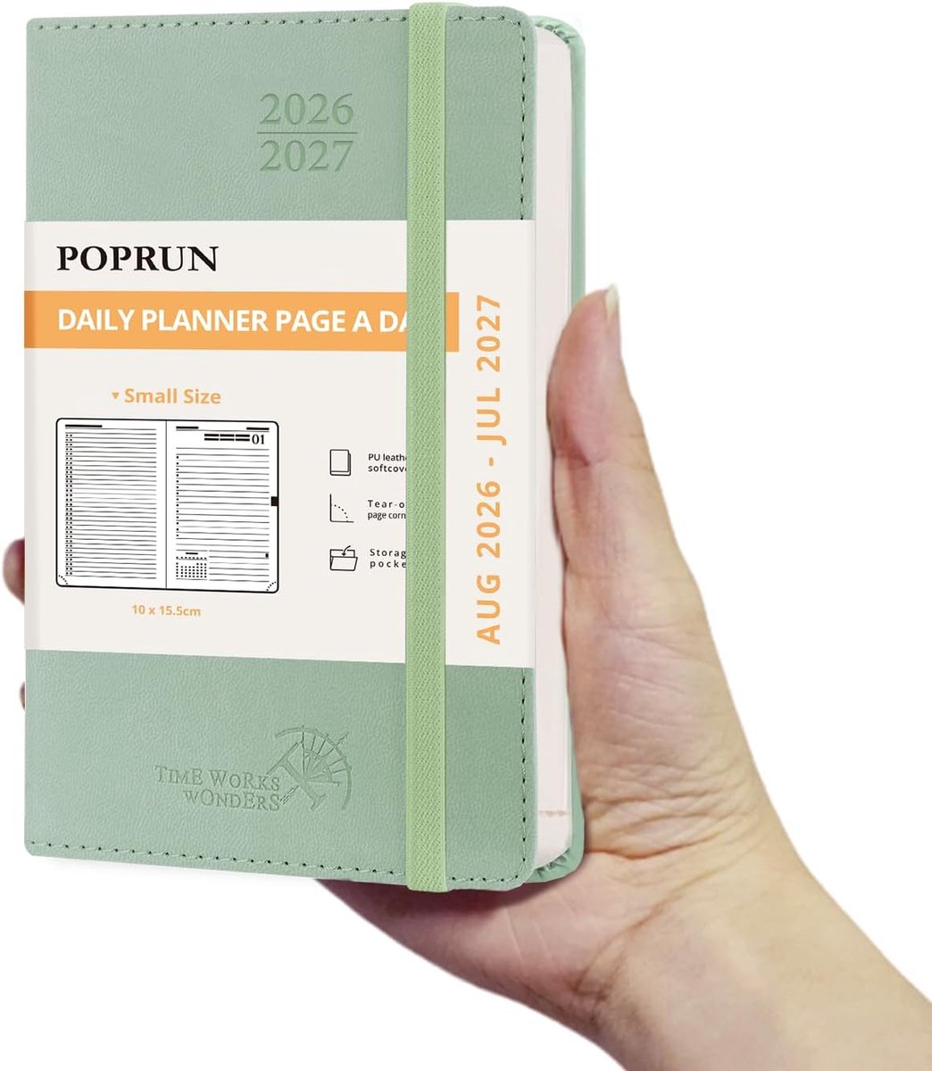 SnelShoppen - Agenda Pocket 2026 2027 Dagplanner A6 16x10.5 cm, PU Leer, 1 Pagina per Dag, Groengrijs, Compacte Planner voor School, Werk, en Persoonl
