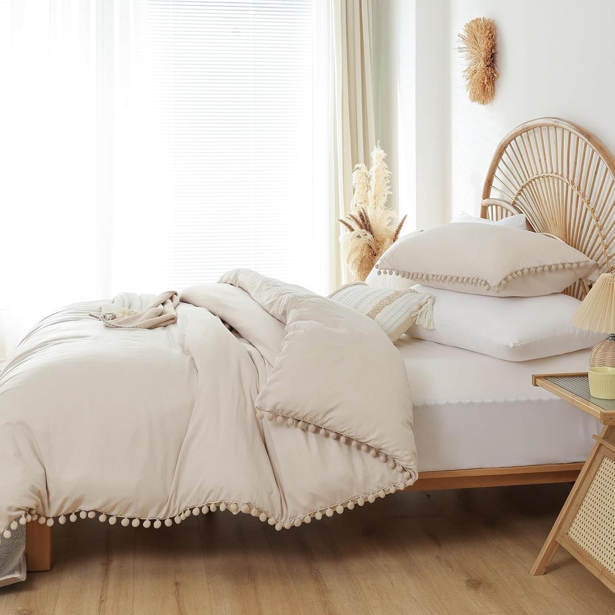 SnelShoppen - Beige Twin Ball Pom Fringe Duvet Set 2pcs, Off White Boho Aesthetic Luxe Volledige Bedding Set, Vintage Ultra Zachte Microfiber Dekbed S