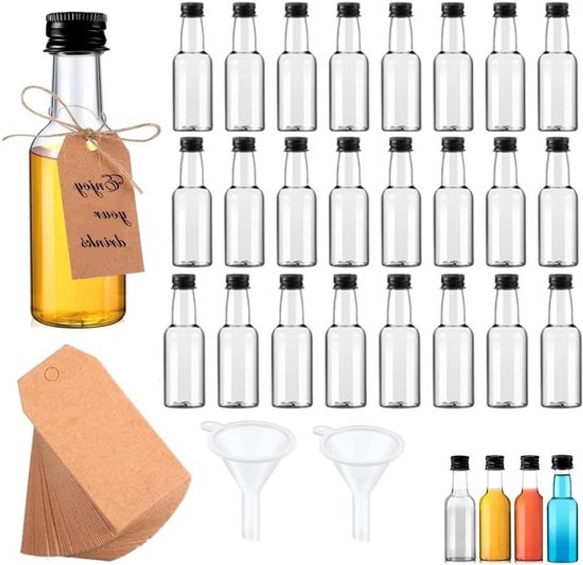 24 stuks mini-fles 50 ml transparant alcohol flesje met trechter en schroefdop