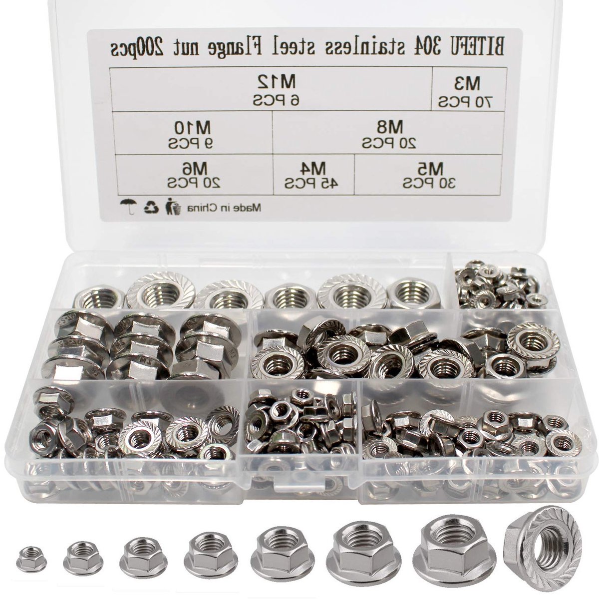 Assortiment van 200 RVS Flensmoeren M3 tot M12 met Lock Teeth, Zelfvergrendelende Moeren en Hexagonale Vorm