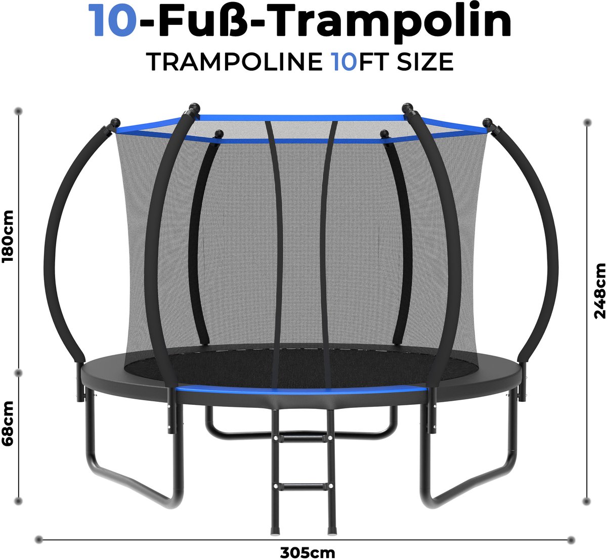 Ronde Trampoline 305 cm - Met Veiligheidsnet en Ladder - EN 71-14 Getest en CE Gecertificeerd - Voor Buiten en Tuin - Staal - Zwart Blauw