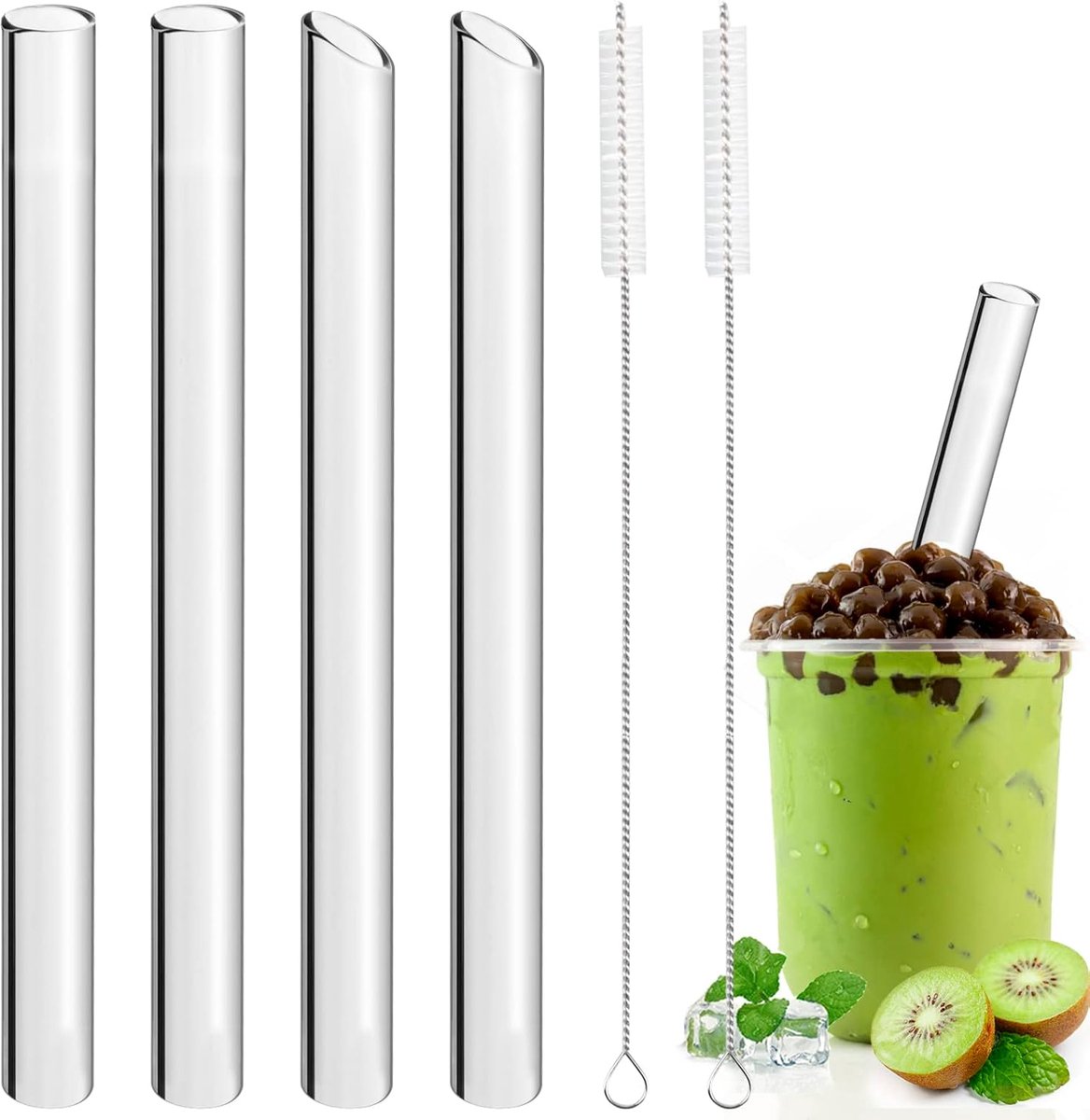Thijox - 4 Stuks Herbruikbare Glazen Rietjes 14mm × 21,5cm - Bubble Tea Rietjes met 2 Reinigingsborstels - Grote Drinkrietjes voor Smoothies, Cocktail