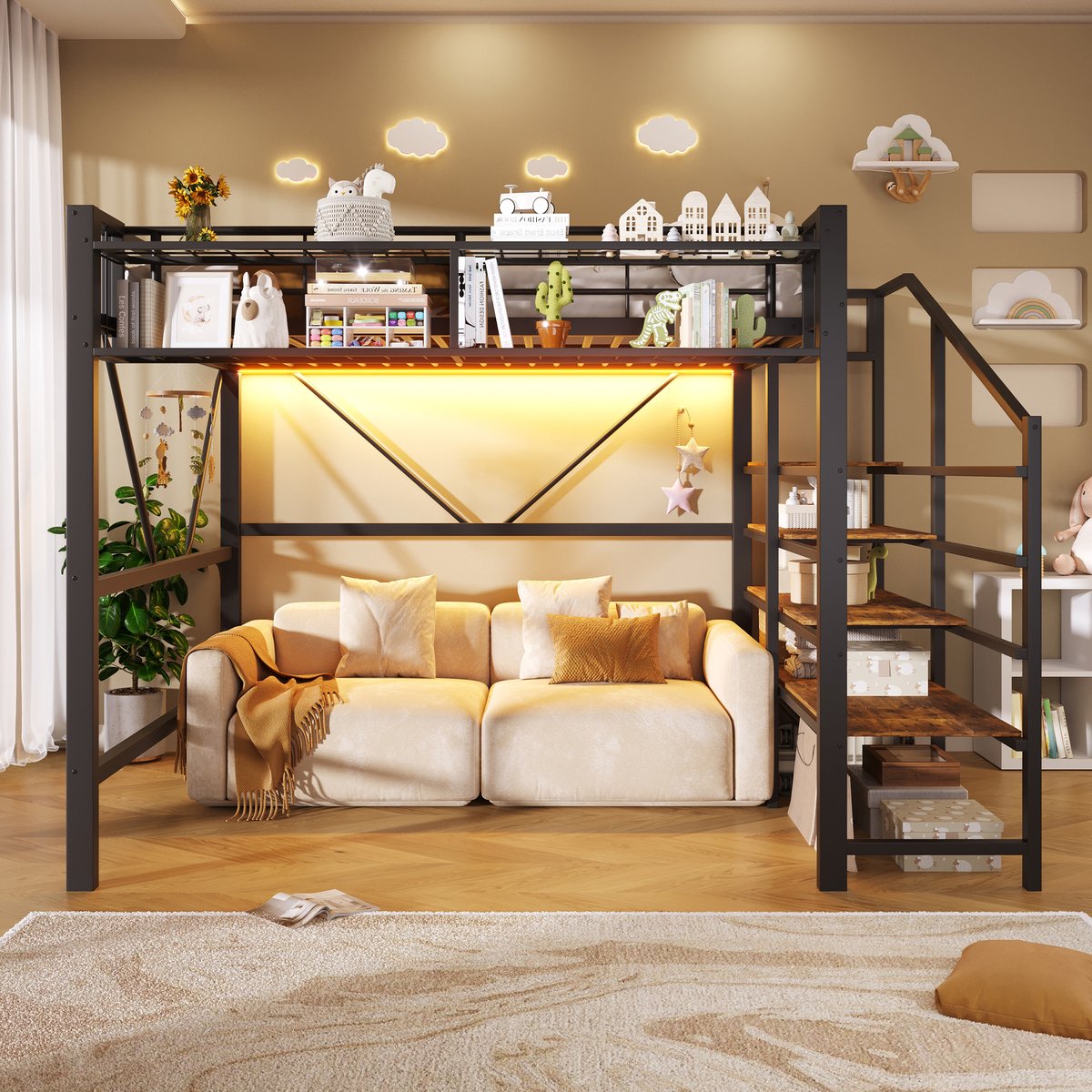 Hoogslaper 140x200 cm - Met Traprek, Opbergkorf en LED-verlichting - Zonder matras - Open Opbergruimte - Metaal en MDF - Zwart