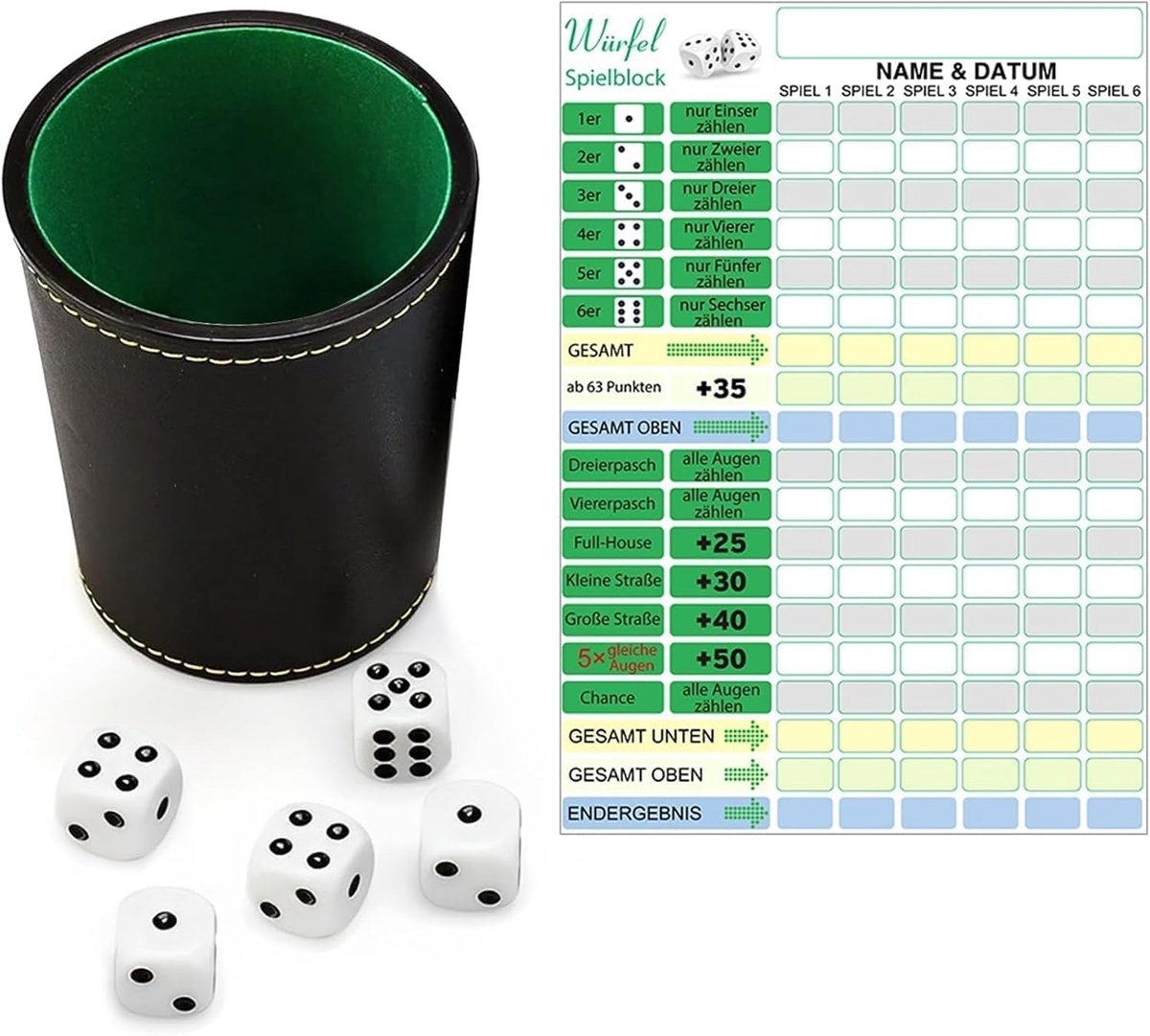SnelShoppen - 5 Dobbelstenen met Dobbelstenenblok, Luxe Lederen Dobbelbeker, 5 Dobbelstenen Set voor Kinderen, Volwassenen, Gezinsactiviteiten, Spelle