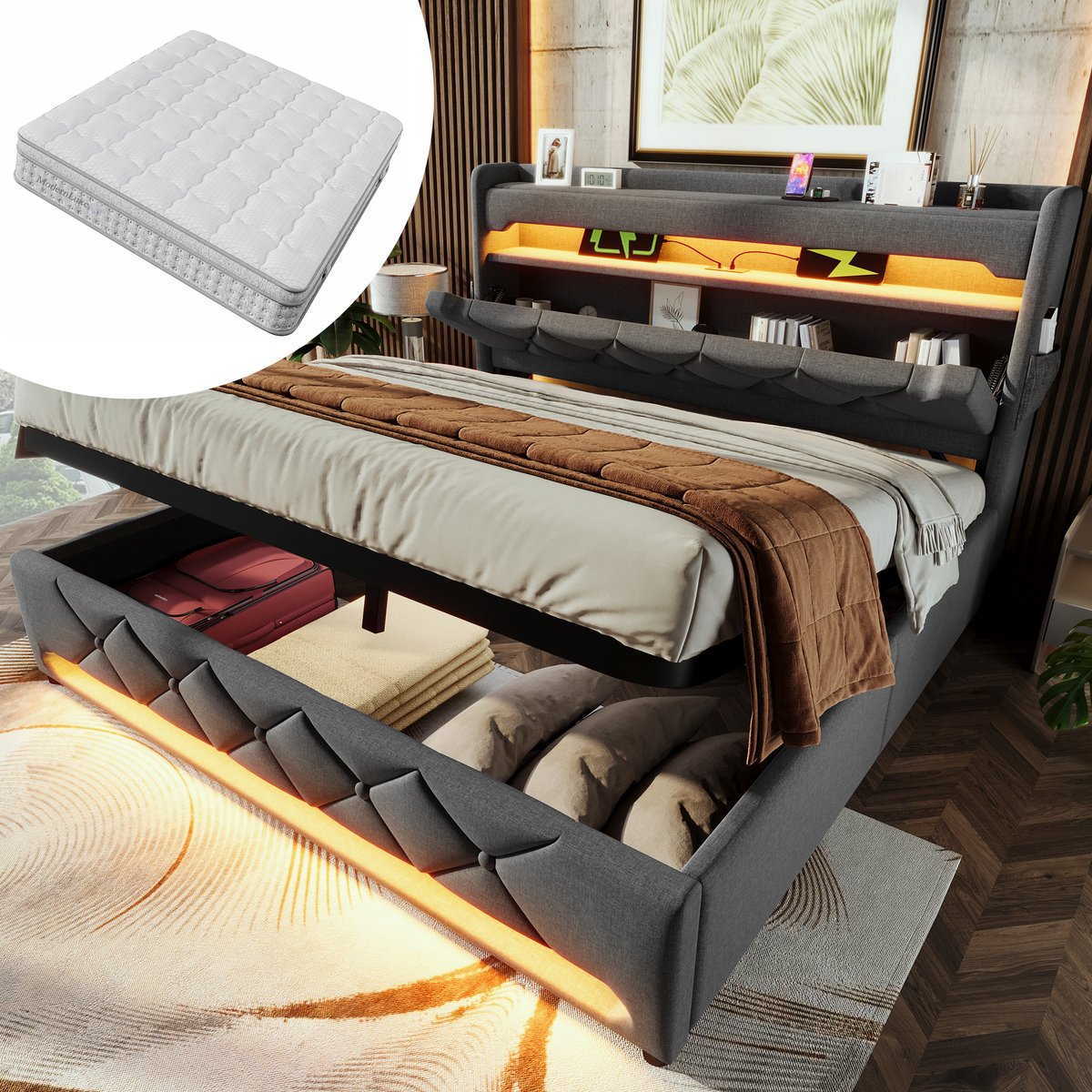 HAUSS SPOLE Gestoffeerd Bed 180x200 cm - Tweepersoonsbed Met USB, Type C En Ledverlichting - Met Opbergruimte - Met Matras - Stof - Grijs