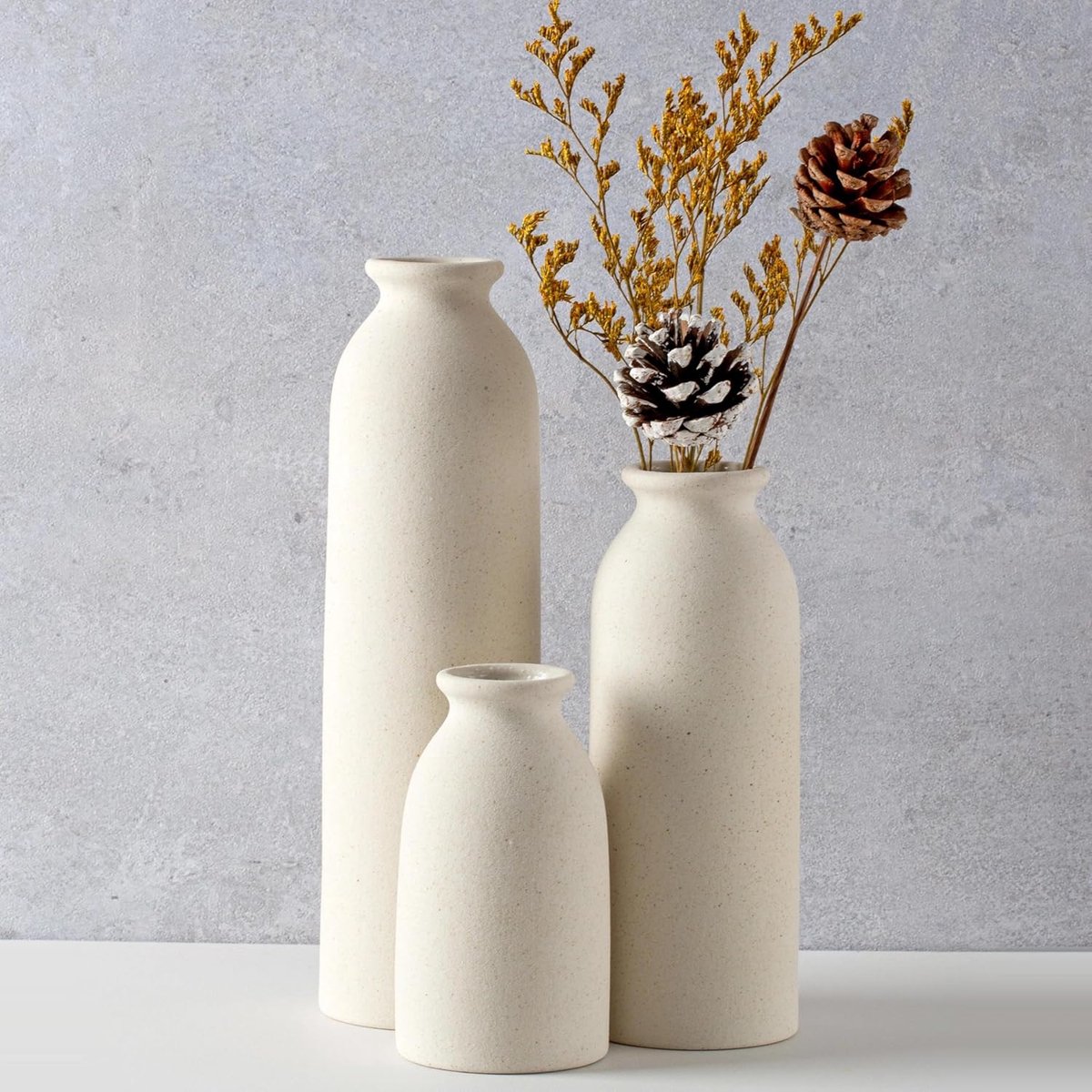 Thijox - Moderne keramische vazenset 3-delig - Decoratieve bloemenvazen in verschillende maten (beige) - Elegante cilindrische vazen voor interieur