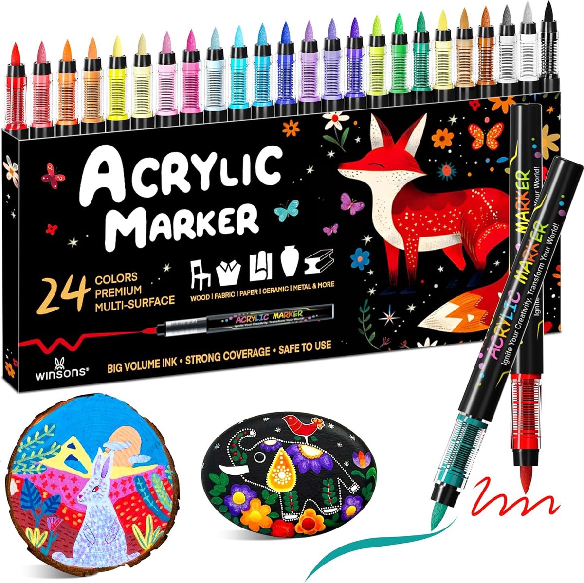 SnelShoppen - 24 Kleuren Permanent Markers Set - Acryl Markers met Borstelpunt - Watervast en Non-Toxisch - Voor Papier, Stenen, Glas, Textiel en Meer