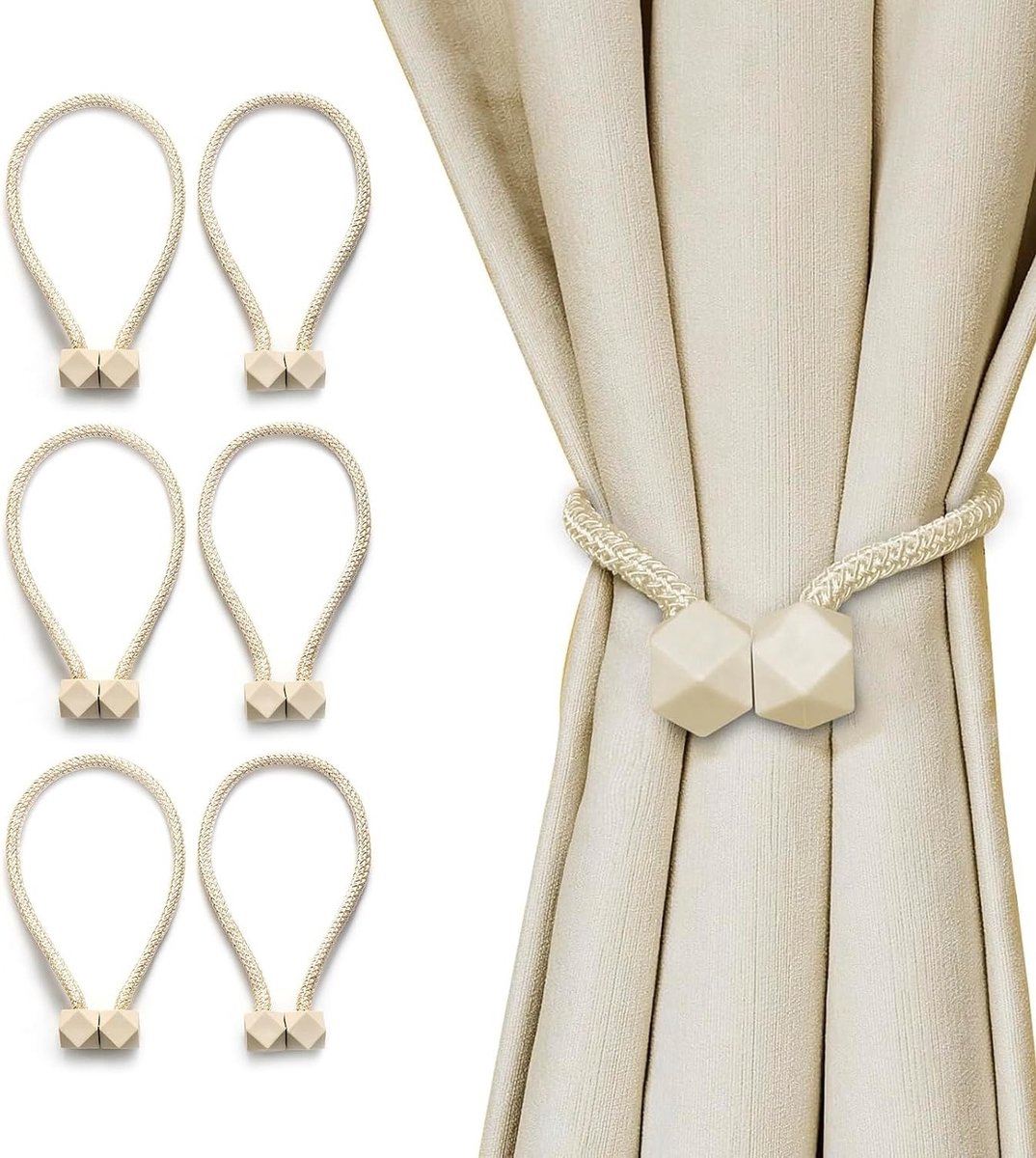 Gordijnhouders met magneten, set van 6, touw gordijnhouders voor thuis en kantoor, decoratieve gespen voor gordijnen in beige