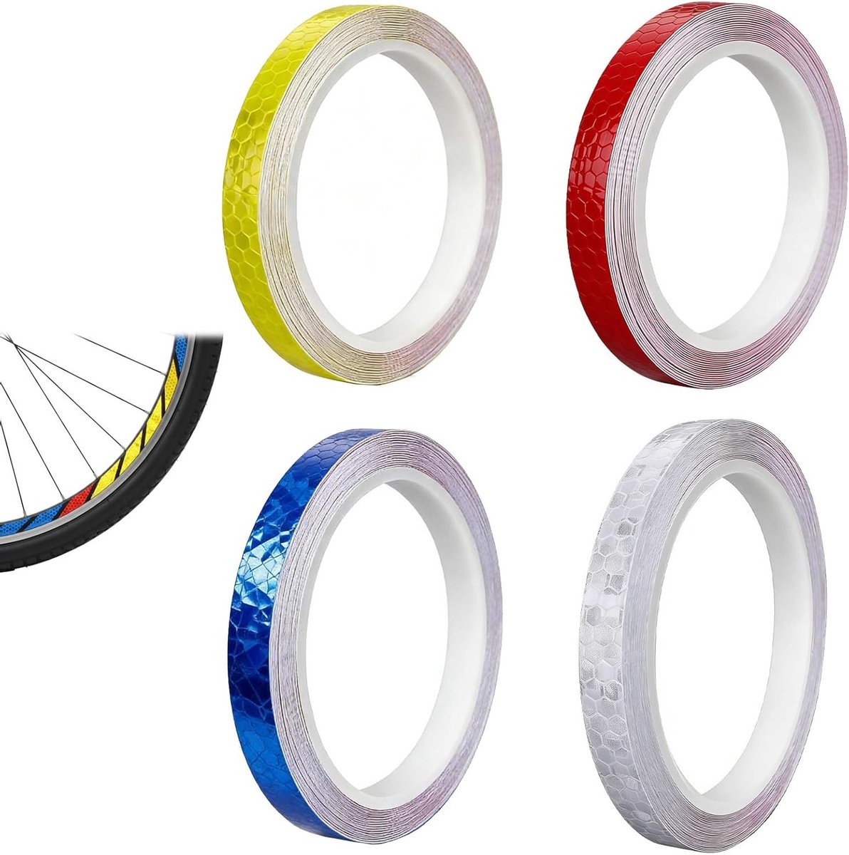 Reflecterende tape set van 4 stuks - 10mm x 8M veiligheidswaarschuwingstape, waterdicht en zelfklevend voor hoge zichtbaarheid op auto, fiets en helm buitengebruik