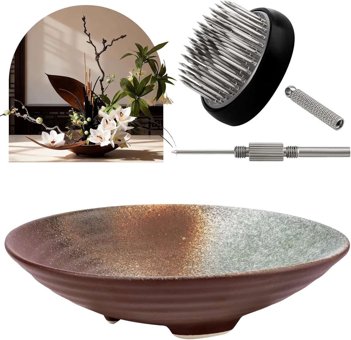 SnelShoppen - Japanese Ikebana Vaas Set met Kenzan, Ceramische Bloembak en Rechtopzetpin - 1.57 Inch Bloemhouder voor Creatieve Bloemarrangementen, Tu