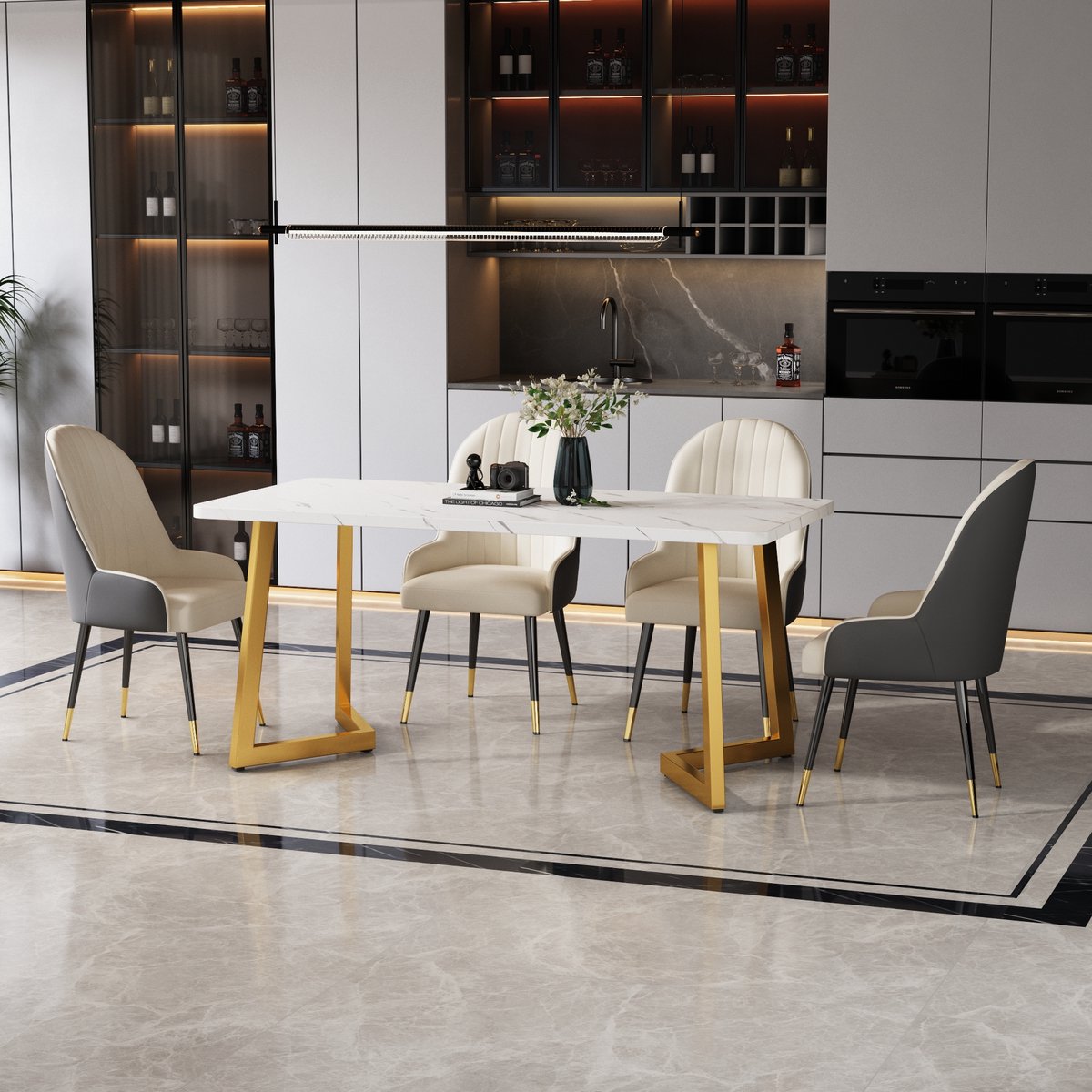 COVREO Eettafel 117x68x75 cm - wit met goud, MDF marmerlook fineer, metalen frame