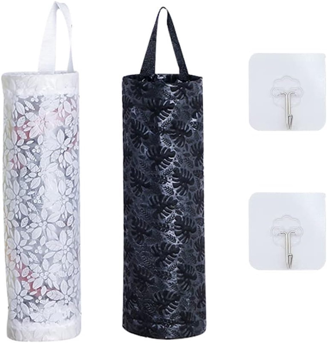 SnelShoppen - Plastic Bag Holders - 2 Stuks Hangende Afvalzakhouder met 2 Haakjes, 11 * 37.5cm, Voor Keuken, Badkamer, Woonkamer, Wit en Zwart