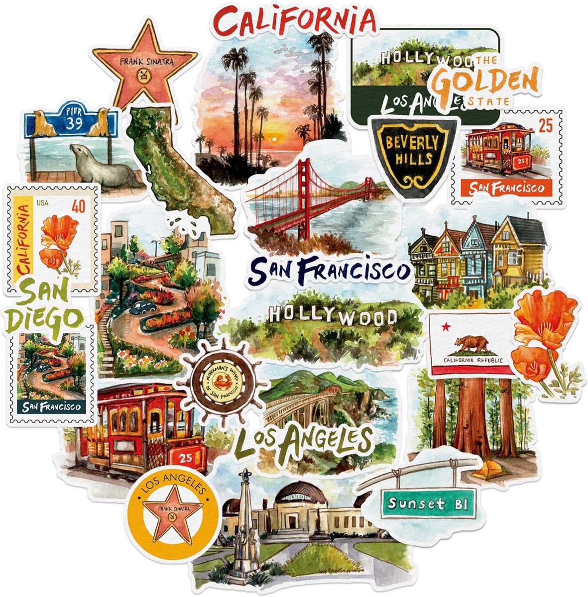 SnelShoppen - Navy Peony Sunny California Watercolor Travel Stickers (27pcs) - Scrapbook Stickers voor Journal, Decoratie, Reizen, California Landmark