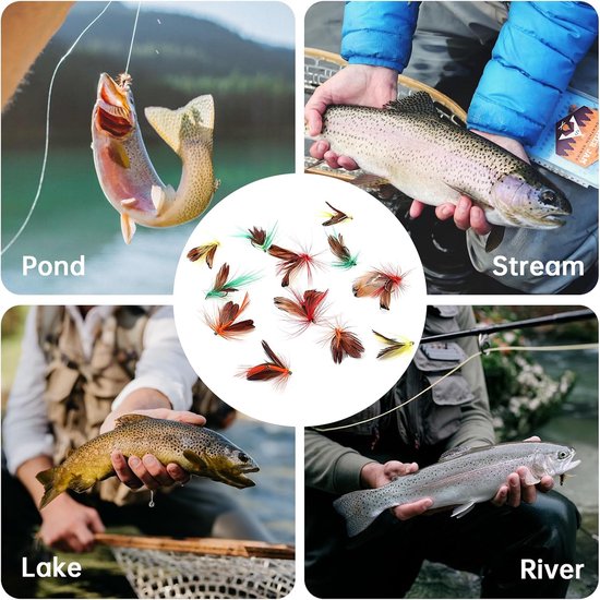 SnelShoppen - 12pcs Vlindervissen - Handgemaakte Vissnoeren voor Baars, Panfish, Forel, Zalm - Levensgetrouwe Vliegvissen met Kleurrijke Veren — afbeelding 4