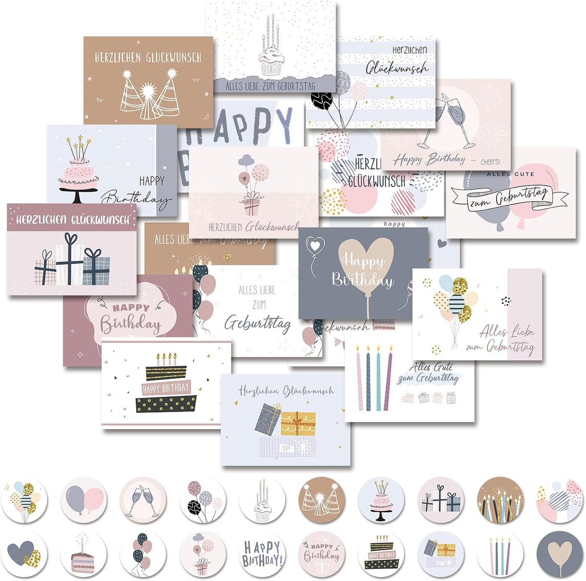 SnelShoppen - Set van 20 Verjaardagskaarten met Envelop en Stickers, Vouwkaarten, Wenskaarten, Happy Birthday Kaarten voor Vrouwen, Vrienden, Familie