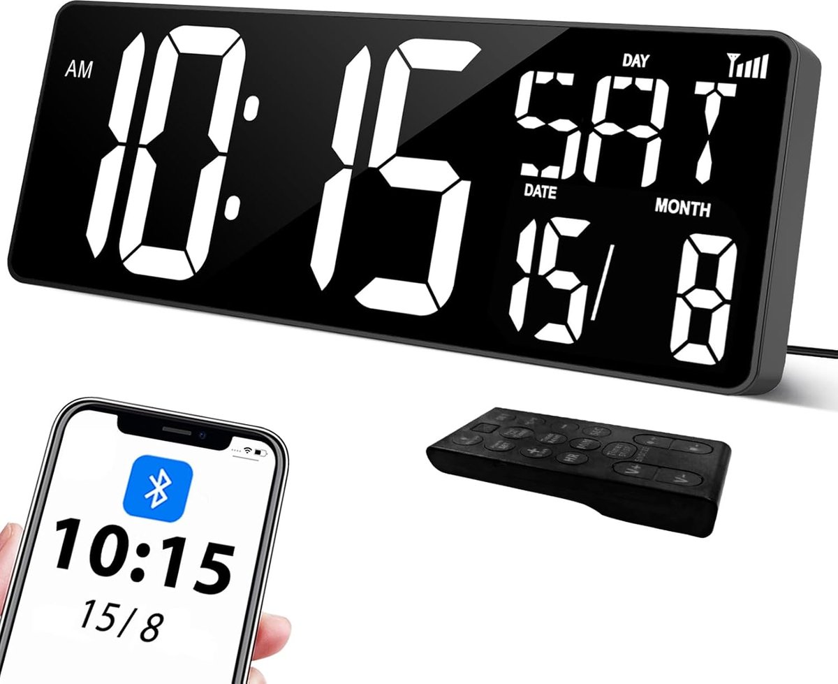 SnelShoppen - Digitale Wanduhr 43cm met Bluetooth, Automatische Tijdcorrectie, Verstelbare Helderheid & Volume, Tijd/Datum/Temperatuur, Geschikt voor