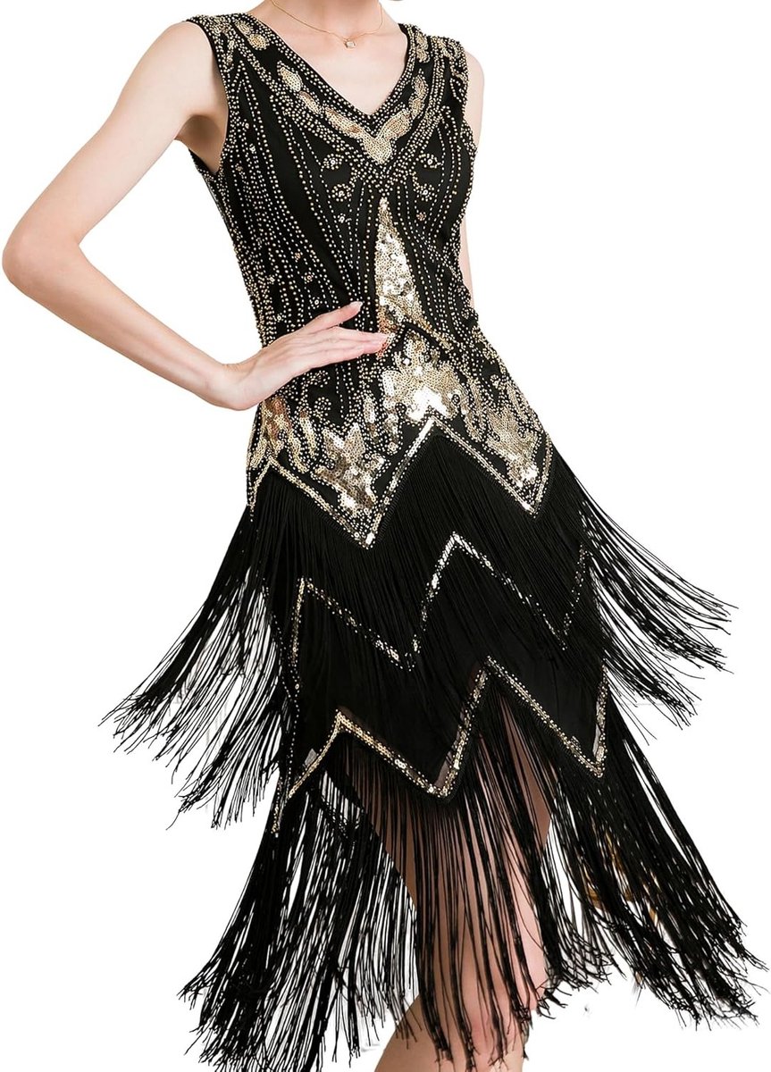 Elegante 1920s Jurk met Pailletten en Franje voor Feestjes, Gatsby en Charleston Stijl