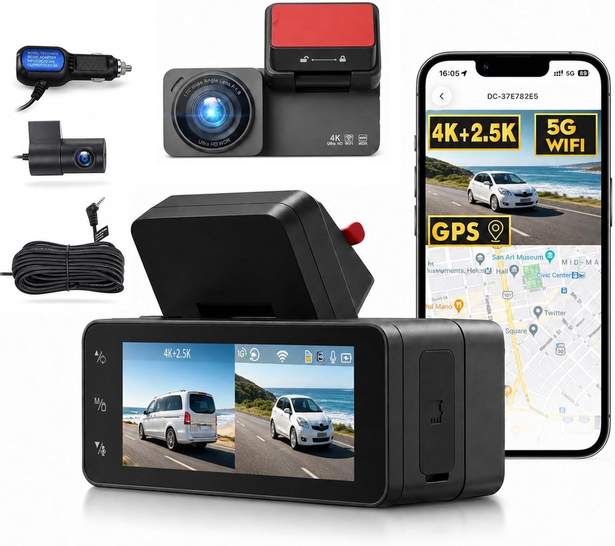 SnelShoppen - Dashcamera Voor en Achter 4K + 2,5K Dubbelkanaals Camera - 5GHz Wifi, GPS, APP-bediening, G-sensor, Lusopname, Nachtzicht