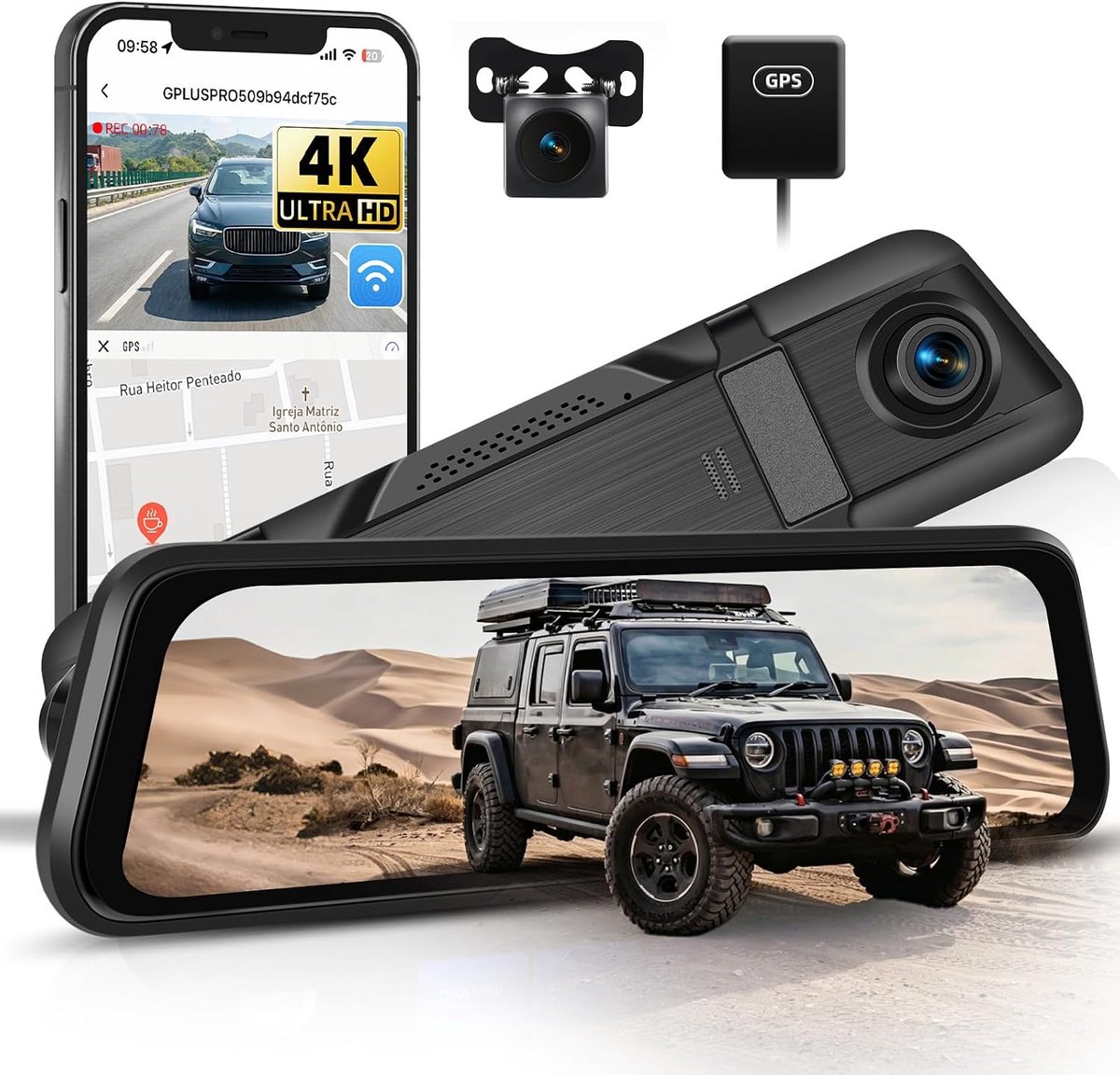 SnelShoppen - 9,66 inch HD touchscreen spiegel dashcam met wifi, 4K + 1080P dual camera, GPS, nachtzicht, BSD & ADAS, parkeerhulp, loopopname, G-senso