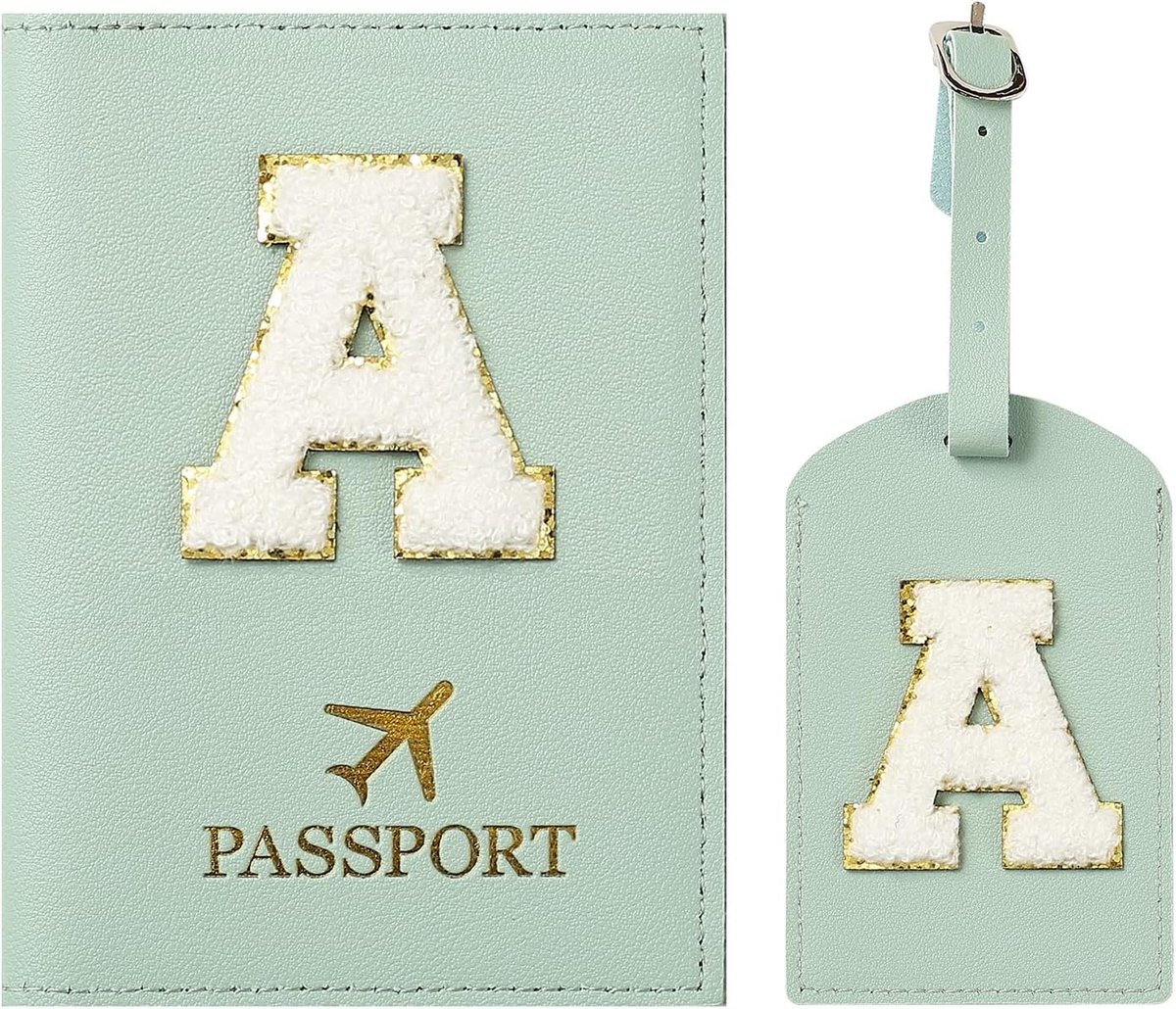 SnelShoppen - Passport Cover & Koffersleutel met Letter A - ID Kaart Houder, Gepersonaliseerd Luggage Tag, Groene Reisaccessoires voor Vrouwen, Tiener