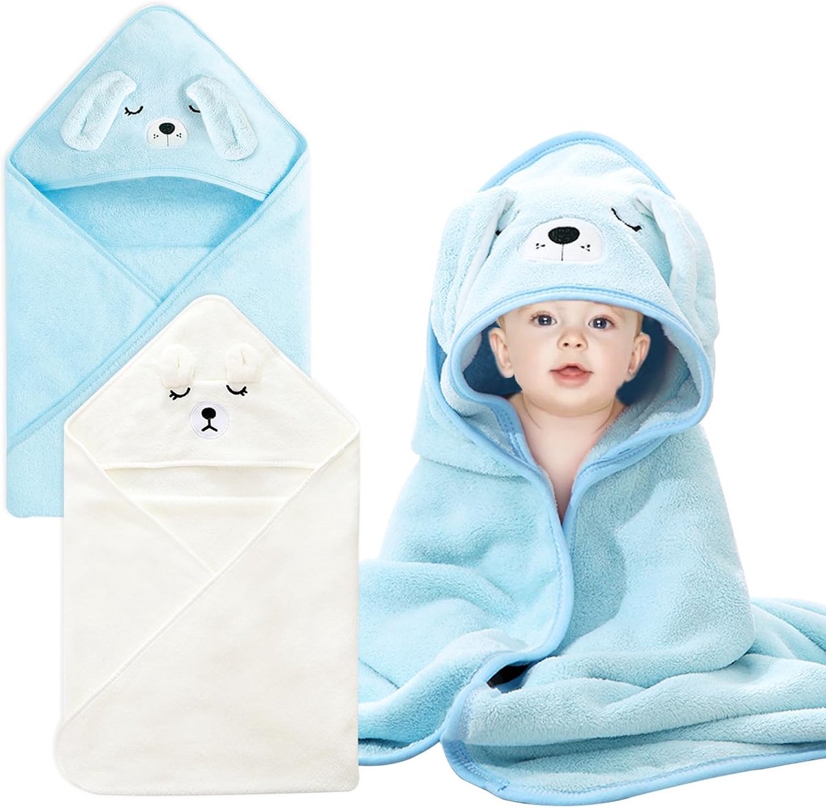 SnelShoppen - Pack van 2 Zachte Baby Handdoeken met Kap, Fluffy Koraal Fleece, Super Absorberend Badlaken voor Kinderen, Blauw Wit, 80 x 80 cm, Perfec