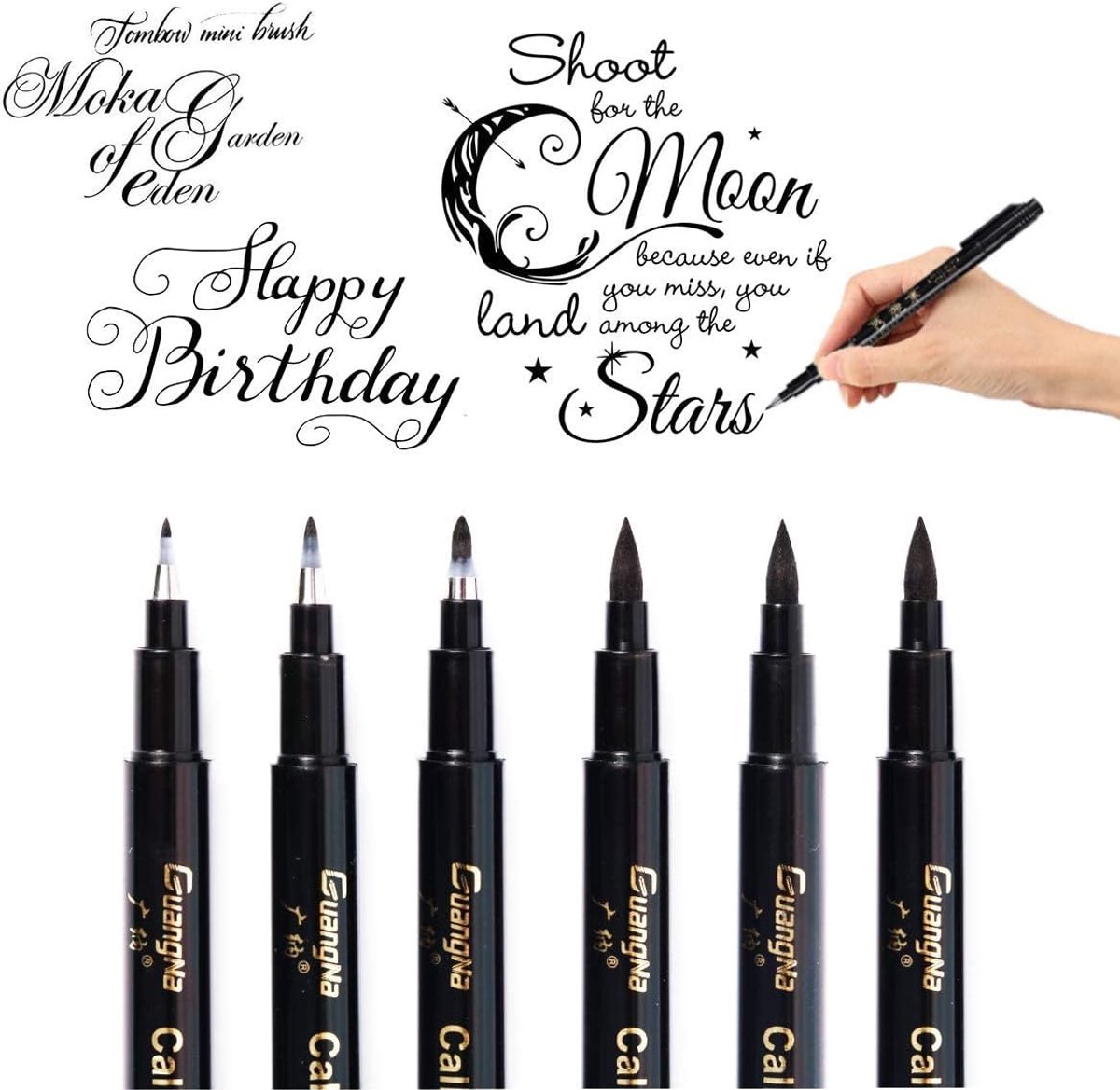 SnelShoppen - Set van 6 Calligraphy Pencils, Hand Lettering Markers, Zwarte Viltstiften met Borstelpunt, Ideaal voor Bullet Journal, Schoolnotities, C