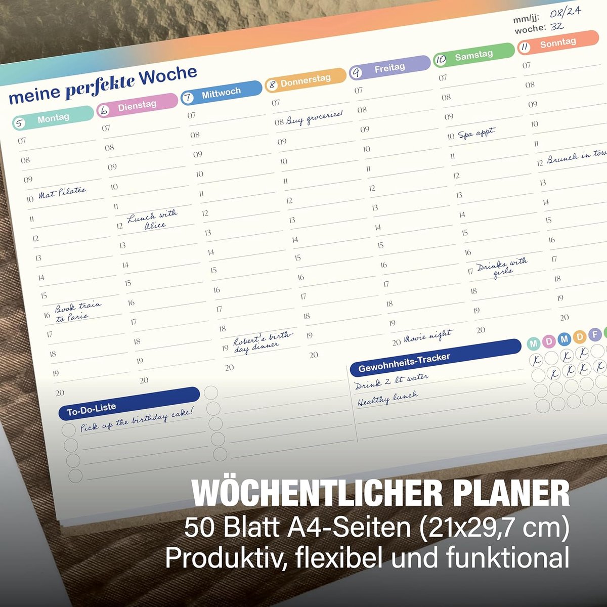 SnelShoppen - 50 Vellen A4 Weekplanner Desk Pad, Flexibele Planner zonder Datum, Taaklijst, Gewoontetracker voor Thuis, School, Kantoor (Duits)
