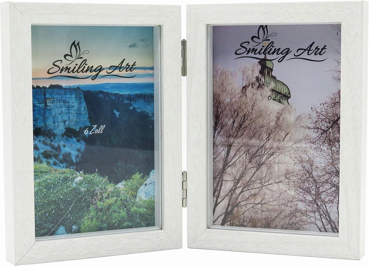 SnelShoppen - Dubbele Fotolijst 10x15 cm MDF Hout met Glaspaneel | Vouwbare Fotolijst voor 2 Foto's | Diepte-effect | Portretformaat (Wit)