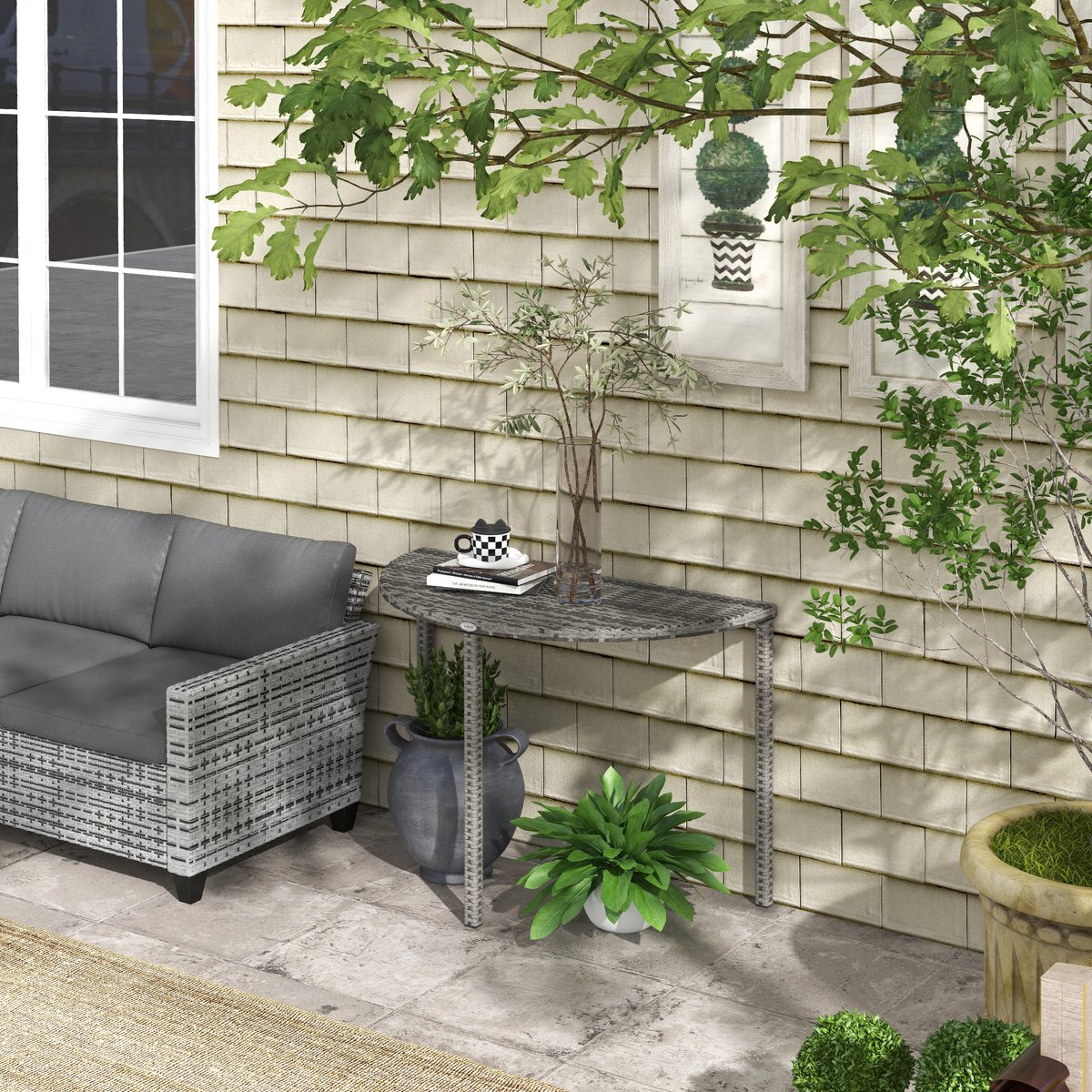 HAUSS SPOLE Tuintafel – Halfrond Ruimtebesparend Ontwerp – 100 x 50 x 74 cm – Polyrattan En Metaal – Grijs – Voor Balkon Terras En Tuin