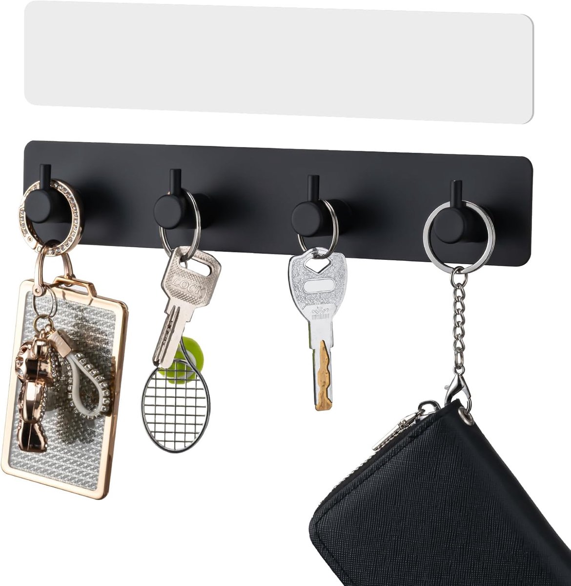 SnelShoppen - Sleutelhouder Muur Zwart Metaal met 4 Haken, Modern Sleutelrek voor Hal, Entree, Voordeur, Keuken, Kantoor, Inclusief 2 Zelfklevende Ban