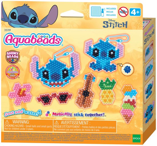 Aquabeads Stitch sleutelhanger knutselset met blauwe Stitch, roze bloem, zonnebril, gitaar, ananas en ijshoorntje.
