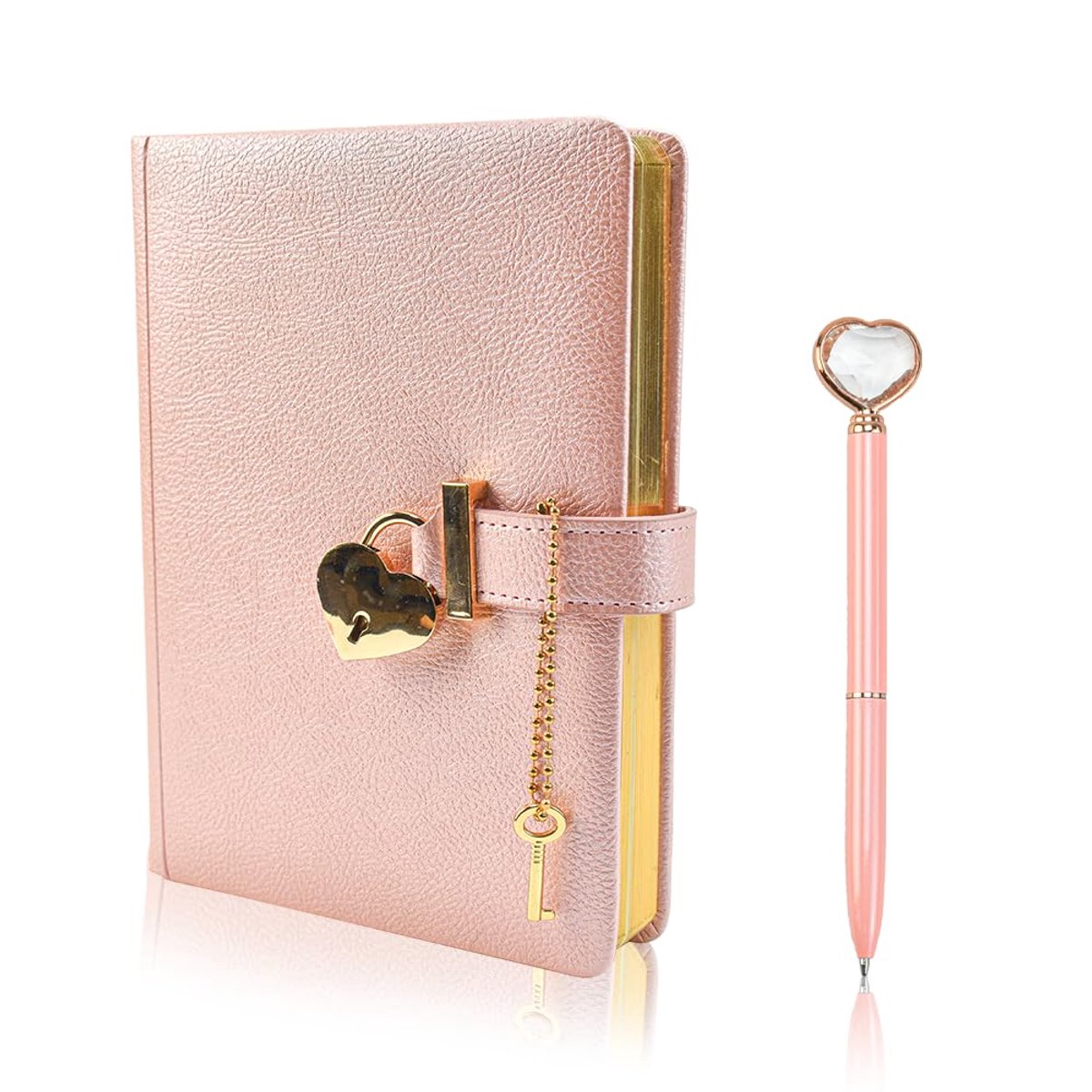 SnelShoppen - Decreet Journal met Hart Slot, B6 Dagboek met Sleutel en Roze Hart, Diamant Balpen, Geheime Notitieboek, PU Leer, Cadeau voor Meisjes