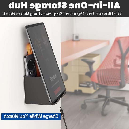Wandhouder en organizer voor tablet en telefoon, 2-in-1 design met opbergdoos, geschikt voor iPad, Samsung Tab en Kindle, stevig ABS met EVA anti-slip pad, zwart — afbeelding 2