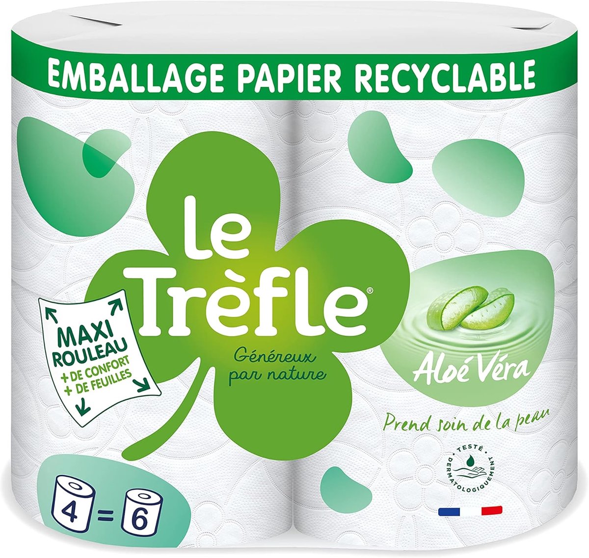 SnelShoppen - Toiletpapier 3-laags met Aloë Vera, 4 Maxi Rollen = 6 Classic Rollen, Fluffy, Recyclebaar, FSC Gecertificeerd, Wit