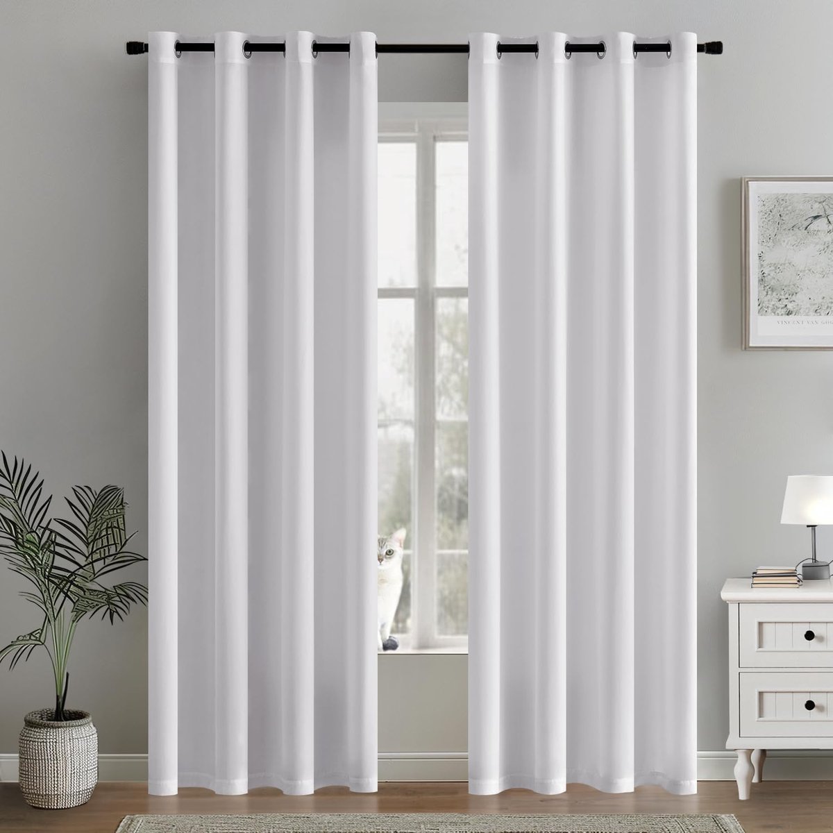 SnelShoppen - Voile gordijnen met ogen, semi-transparante gordijnen voor woonkamer, set van 2, 140 x 235 cm, witte luchtige gordijnen voor privacy en