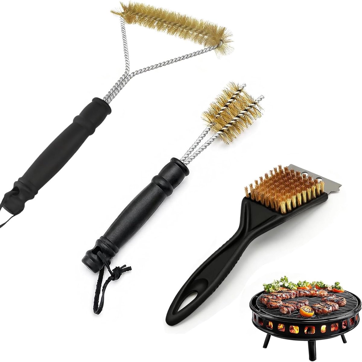 SnelShoppen - 3 stuks Messingborstel Set, Grillborstel voor Gietijzeren Rooster, Roestvrij Staal met Schraper, Reinigingsborstel voor Gasbarbecue, Hou