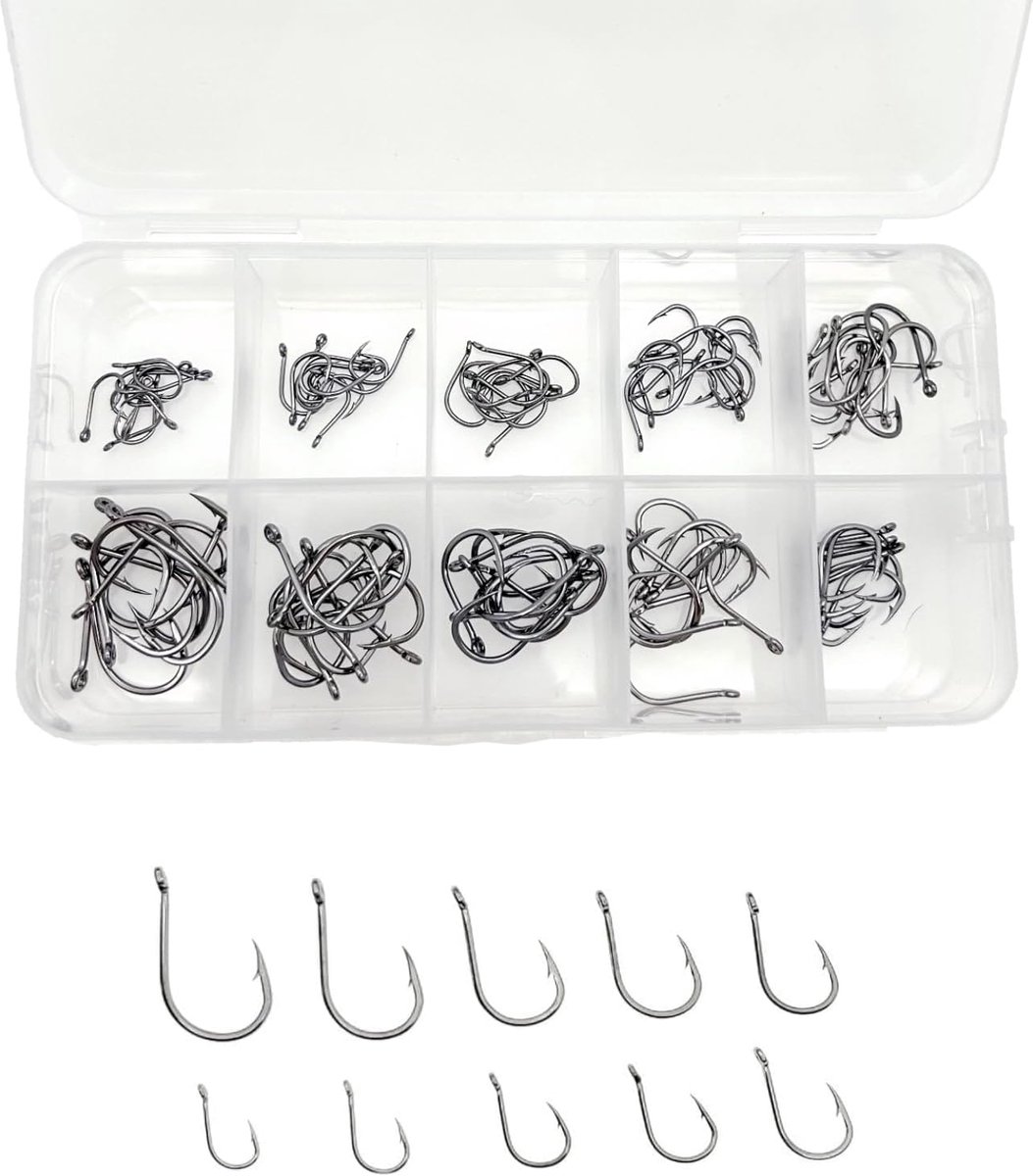 SnelShoppen - 100 Stuks Assorti Maten Carbon Staal Vis Haken met Oogjes - Barbless en Barbed Haakjes in Plastic Opbergdoos - Ideaal voor Snoek, Forel